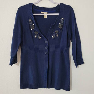 DKNY Jeans 3/4 Sleeve Floral Embroidered 3 Button Closure Cardigan